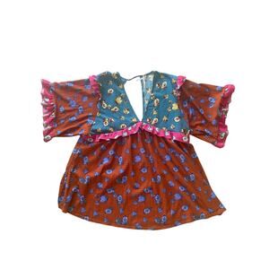 Free People Babydoll Deep V-Neck Floral Ruffles Sleeve Dress Multicolor 1X